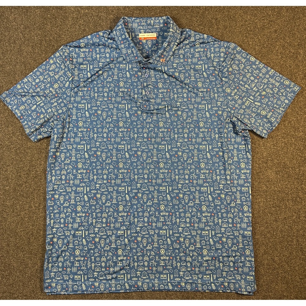 Fore Fathers XXL Lone Star Texas Polo Shirt Men Blue AOP Performance Preppy EUC